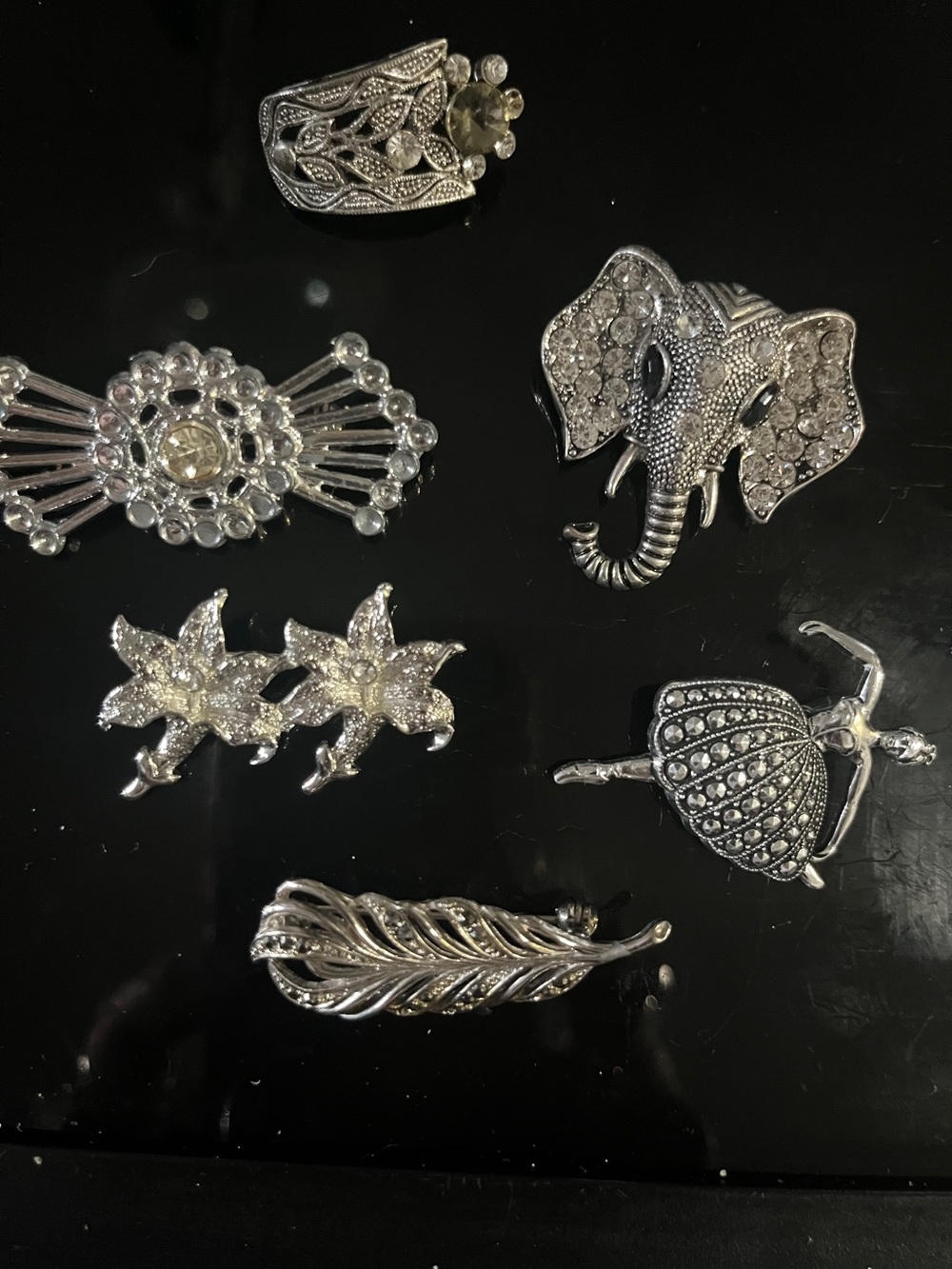 6 ladies broaches pins all silver tones. Some stones jewelry artsy whimsical